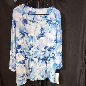 Alfred Dunner Blue and White Floral Blouse